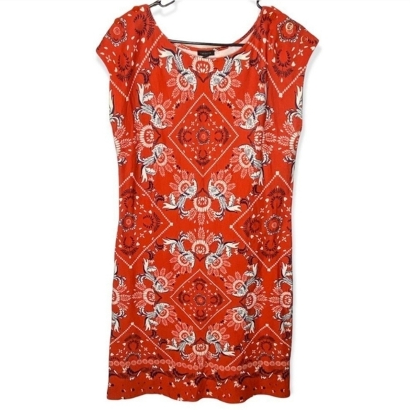 Talbots Handkerchief Peacock Print Sheath Red Cap Sleeve Dress Large Petite LP - Picture 2 of 8